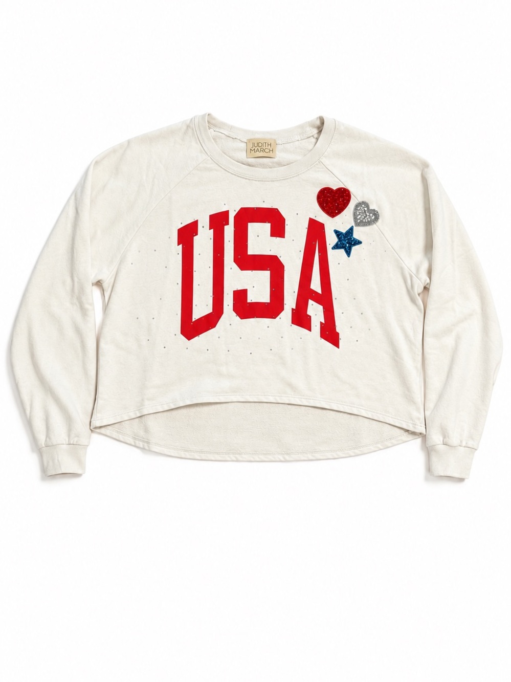 Judith March USA Patriotic Cropped Sweatshirt Large Rhinestone Sequin Graphic